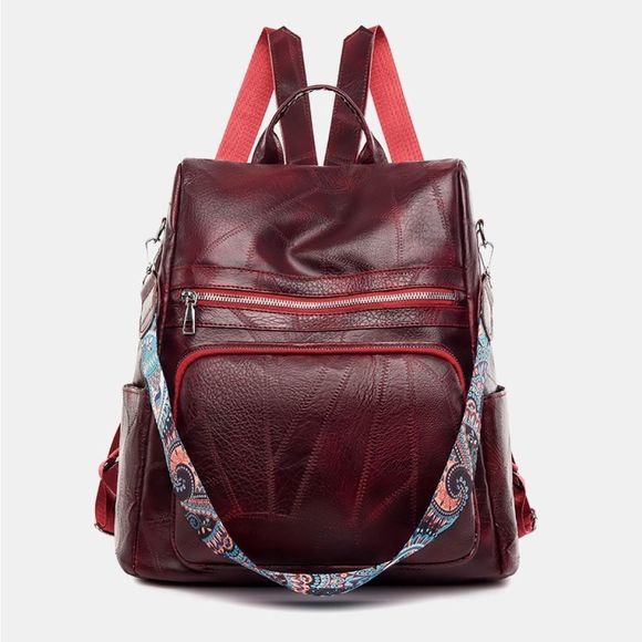 Wine Red PU Vegan Leather Backpack Purse Bag Multi Pocket main image 6